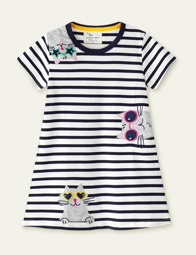 Three Cats Appliqué Striped Dress - CCMOM