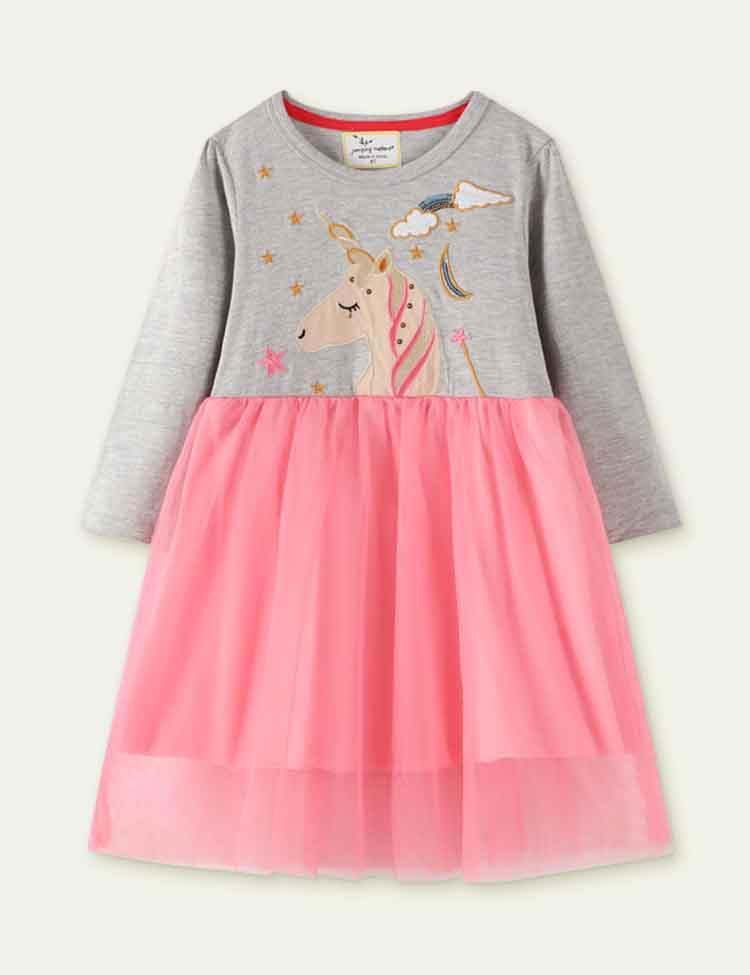 Unicorn Embroidered Long Sleeve Dress - CCMOM