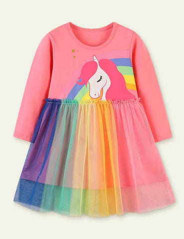 Unicorn Print Long Sleeve Dress - CCMOM