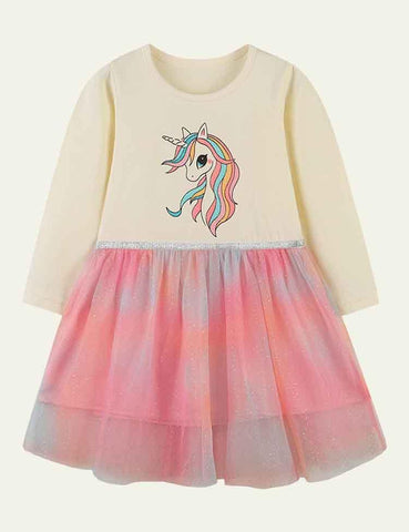 Unicorn Print Long Sleeve Dress - CCMOM